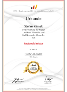 Urkunde: BVFI Regionaldirektor Stefan Klimek
