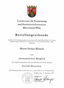 Urkunde: Bestellungsurkunde Gutachterausschuss Stefan Klimek